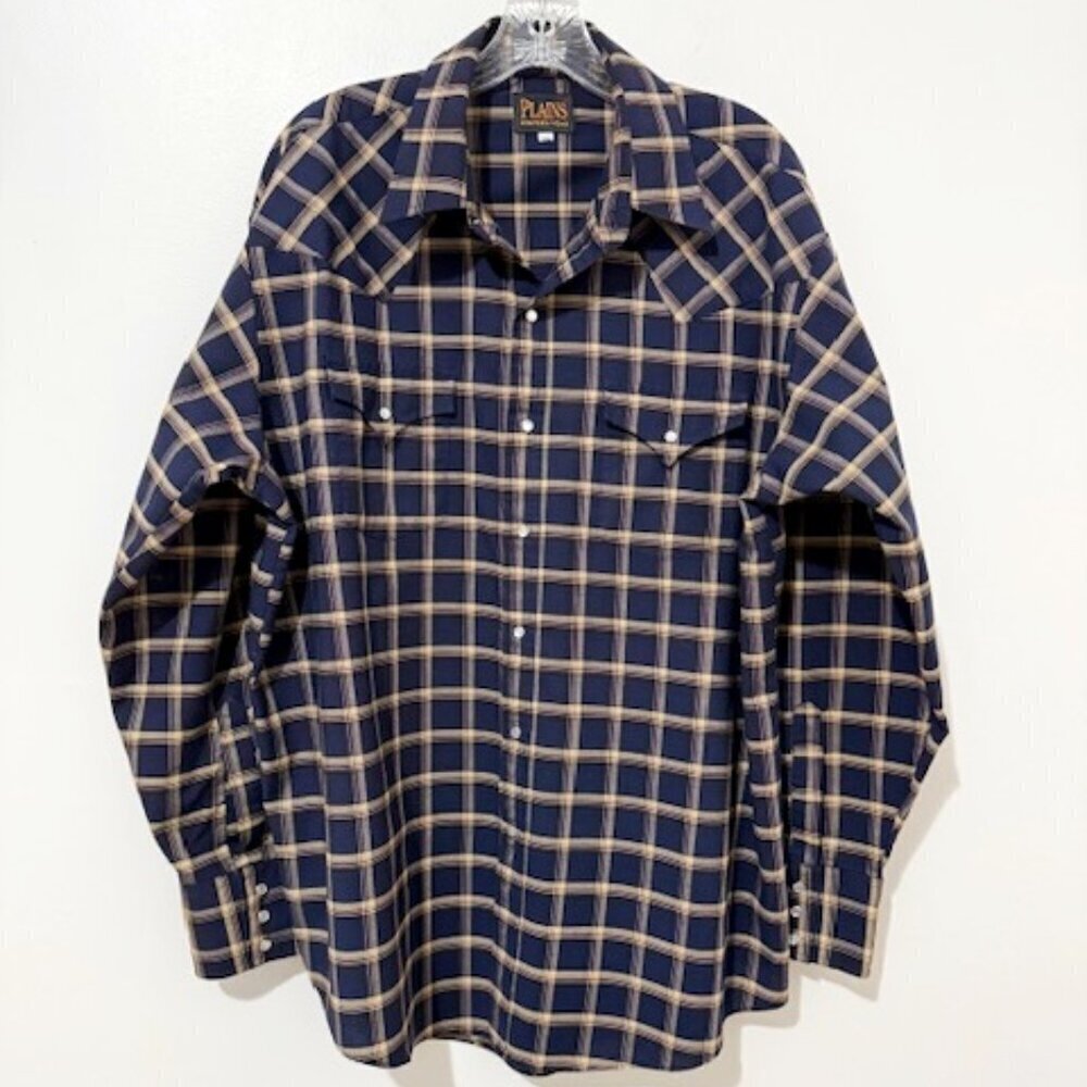 Plains Western Wear Shirt Blue Tan Red Plaid Long Sleeve Pearl Snap Men's XL